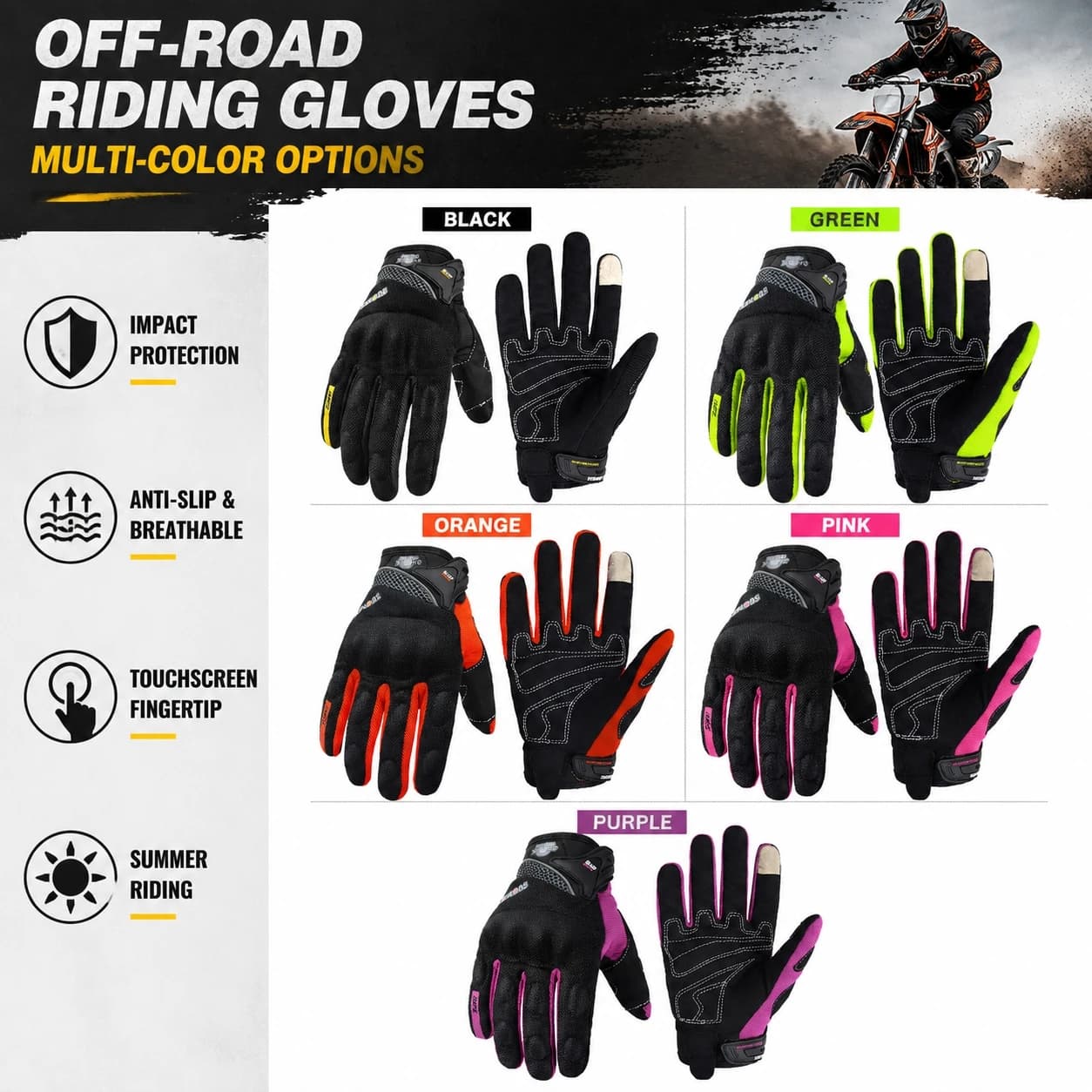 Summer Full Finger Motorcycle Gloves Touch Screen Hard Knuckle Impact Resistant Breathable Anti‑Slip Motorbike Racing Protective