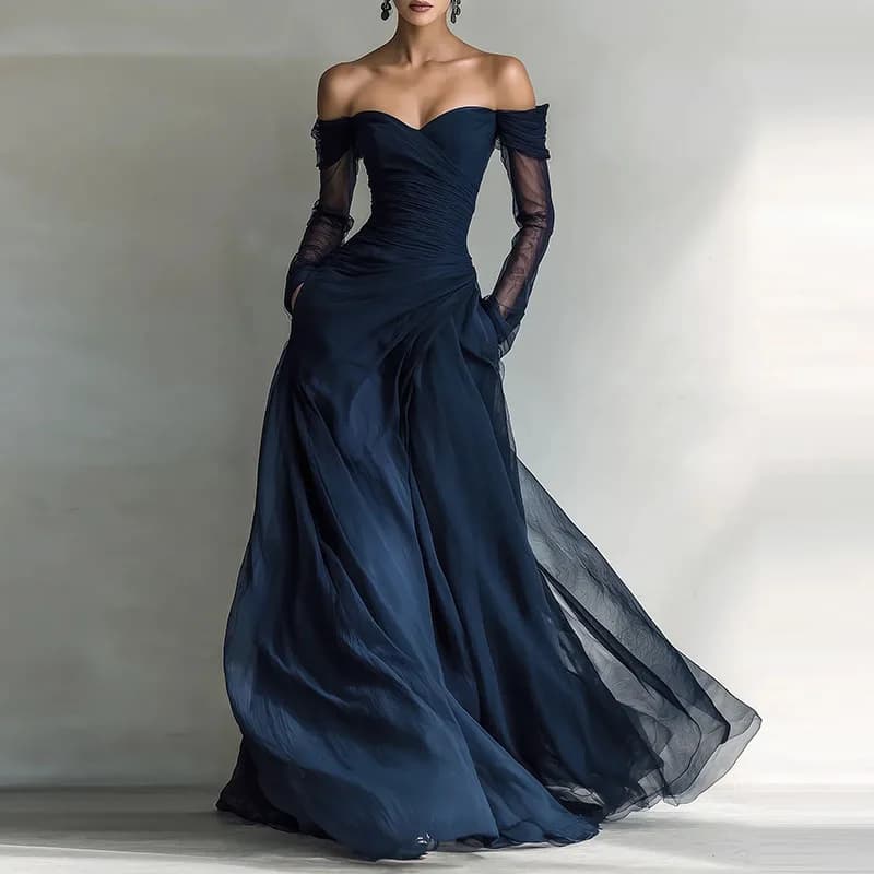 Women's Elegant Long Dress with Net and Drappeggio Inserts, Maxi Dress with Long Sleeves Long Sleeves Flat Tinta, Sexy formal Evening Dress with Spalle Discoveries and Streat Life