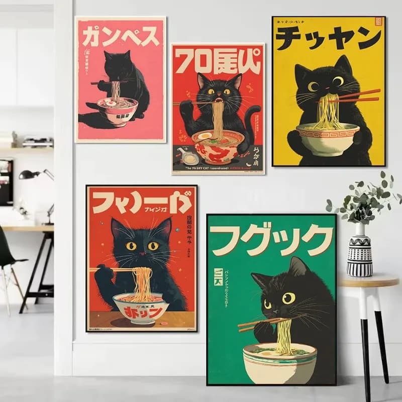 Retro Japanese Kawaii Black Cat,Noodle Bowl,Kitchen Ramen Anime Canvas Poster Printed Wall Art Pictures Home Decor