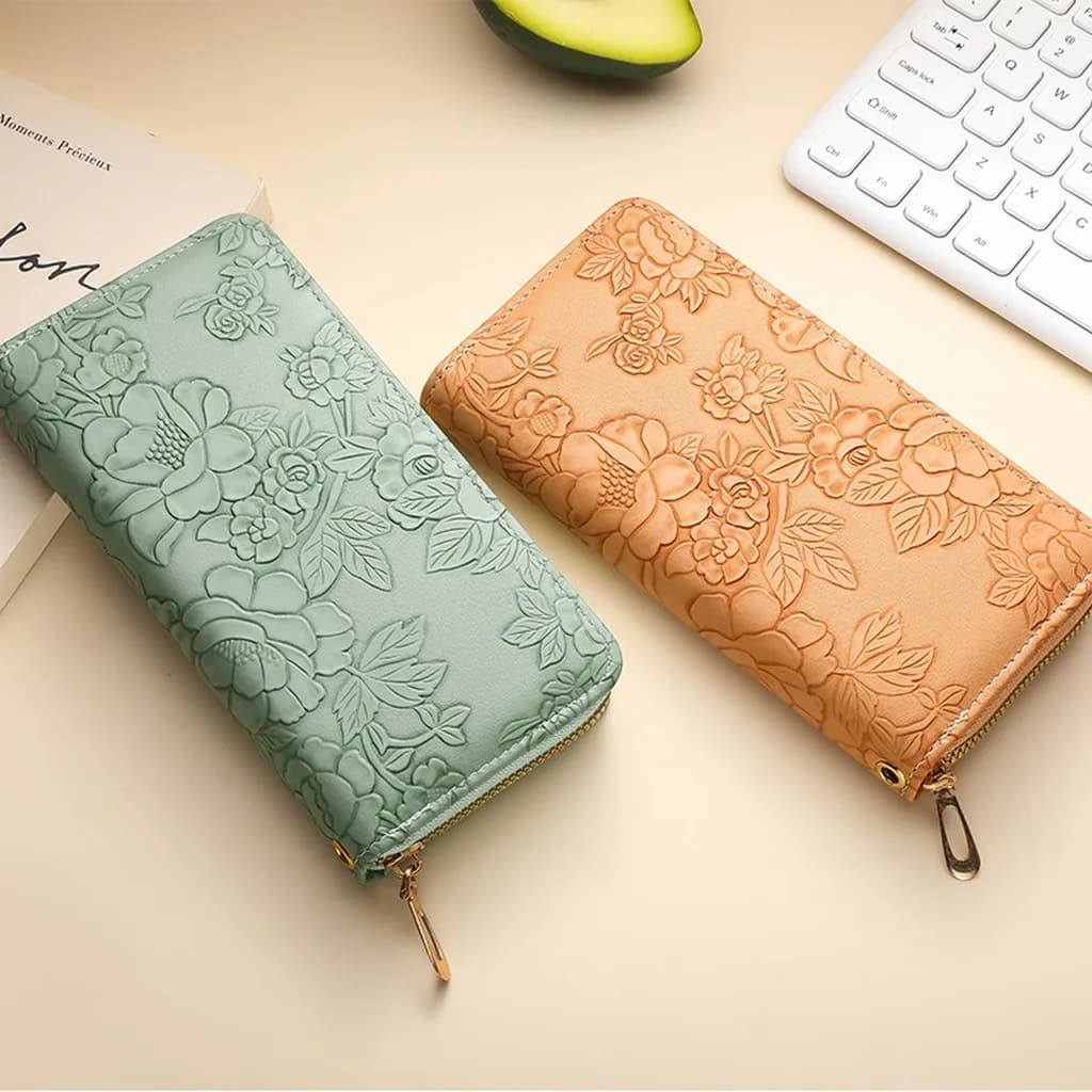 Large Capacity Wallet Eco-Friendly Embossed Floral Wallet Women'S Long Zipper Wallet Wear-Resistant Multi-Functional Phone Purse