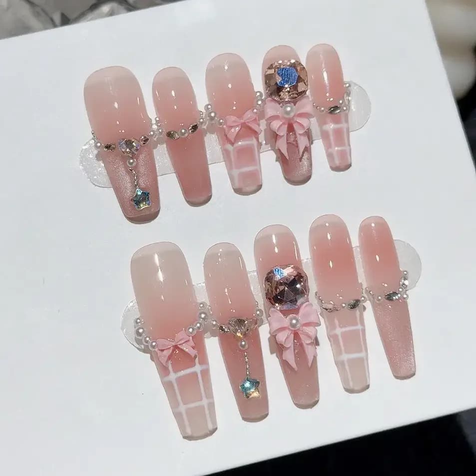 Sweet Pink Blush French Handmade Press On Nails Pearls Diamonds Cat Eye Fake Nails Kawaii Cute 3D Bow Long Nail Art Girl Gift