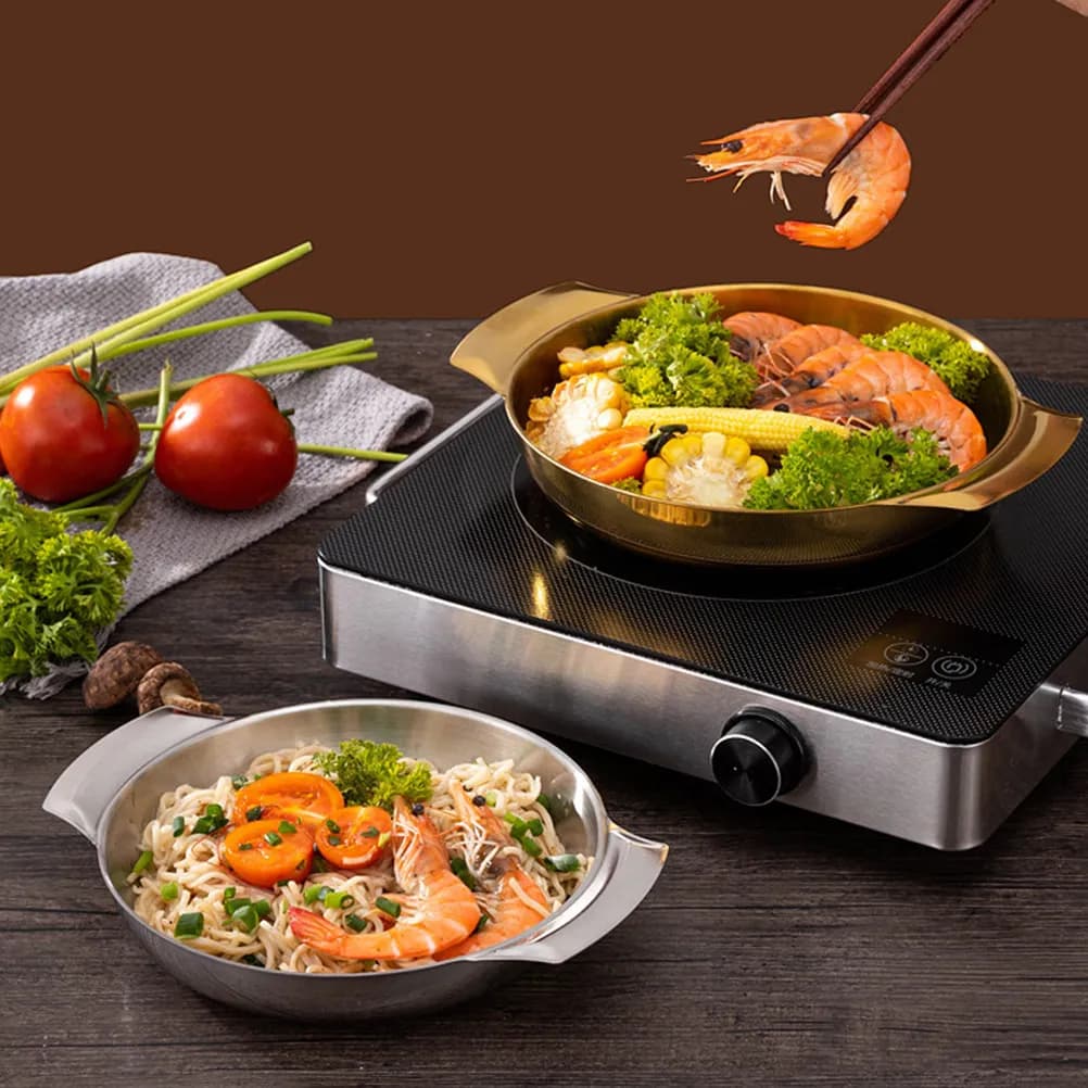 Padella in Acciaio Inossidabile a Doppio Manico per Hot Pot, Zuppe, Paella, Verdure, Fritture, per Casa, Cucina, Ristorante, Picnic, Robusta e Pratica