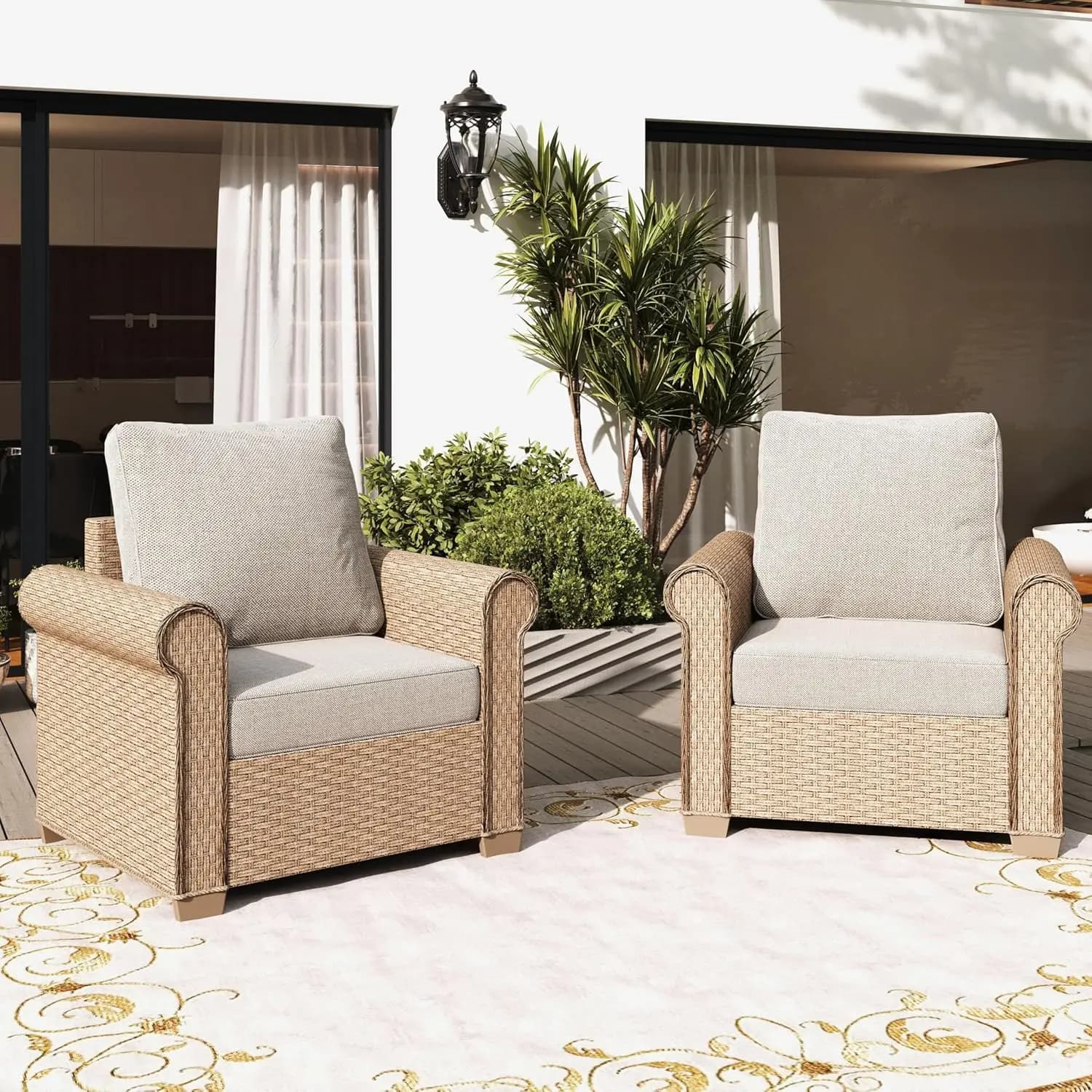 Patio chairs in Rattan for All Seasons, 2 Pieces, with Pillows Waterproof by 5.5 Inches, Custom for Garden, Courtyard and Terrace