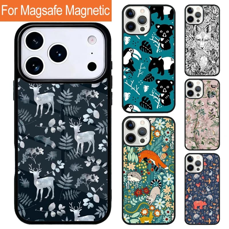 Custodia Morbida Magnetica Wireless per iPhone 17 Pro 16 15 13 12 11 Pro Max Air 14 Plus con Cover Magsafe, Design Animali Selvatici