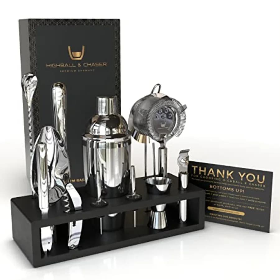 Set da Cocktail Cobbler 13 Pezzi in Acciaio Inox, Kit da Barman con Supporto per Bar Domestico, Set Cocktail con Incisione Laser