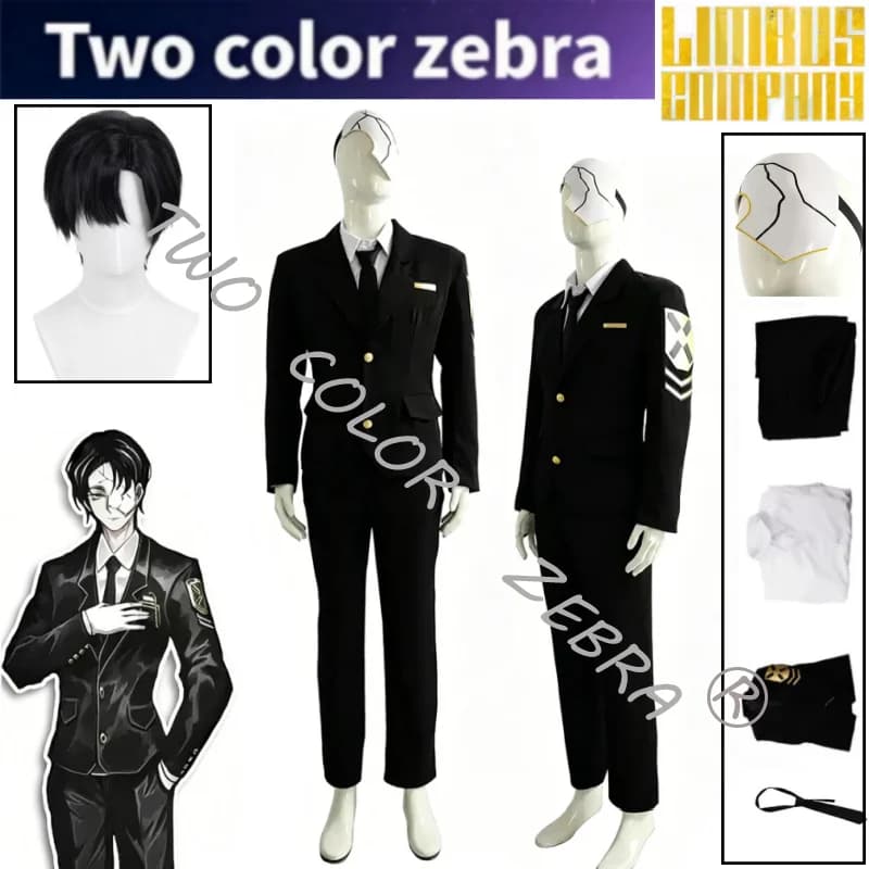 Costume Cosplay Rien del Gioco Limbus Company, Uniforme Formale Nera con Blazer, Pantaloni, Camicia, Cravatta e Parrucca, Set Completo per Feste e Giochi di Ruolo