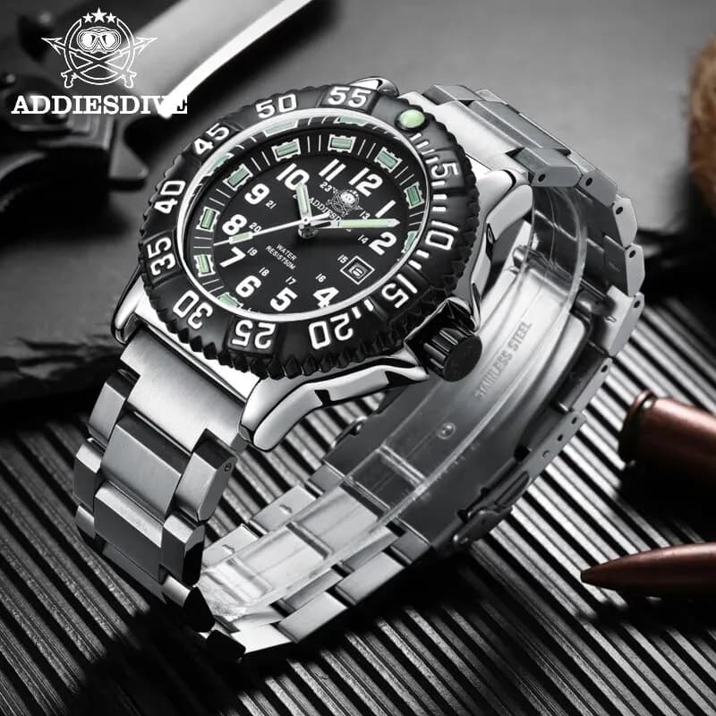 Laddies Dive Men Fashion Casual Watch Calendar Display 50m Tube Waterproof Black Dial Quartz Watch With Rotating Bezel