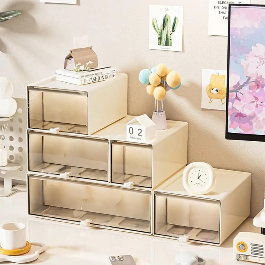 Transparent Drawer Style Storage Box Large Capacity Cosmetic Stationery Organizer for Students Desktop Combination Partition