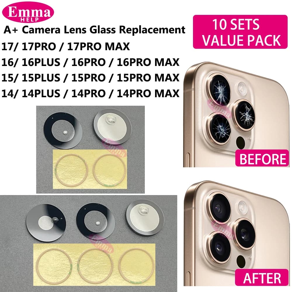 10X A+ Rear Camera Glass for iPhone 13 14 15 16 17 Pro Max Back Lens Cover with Adhesive Repair Parts