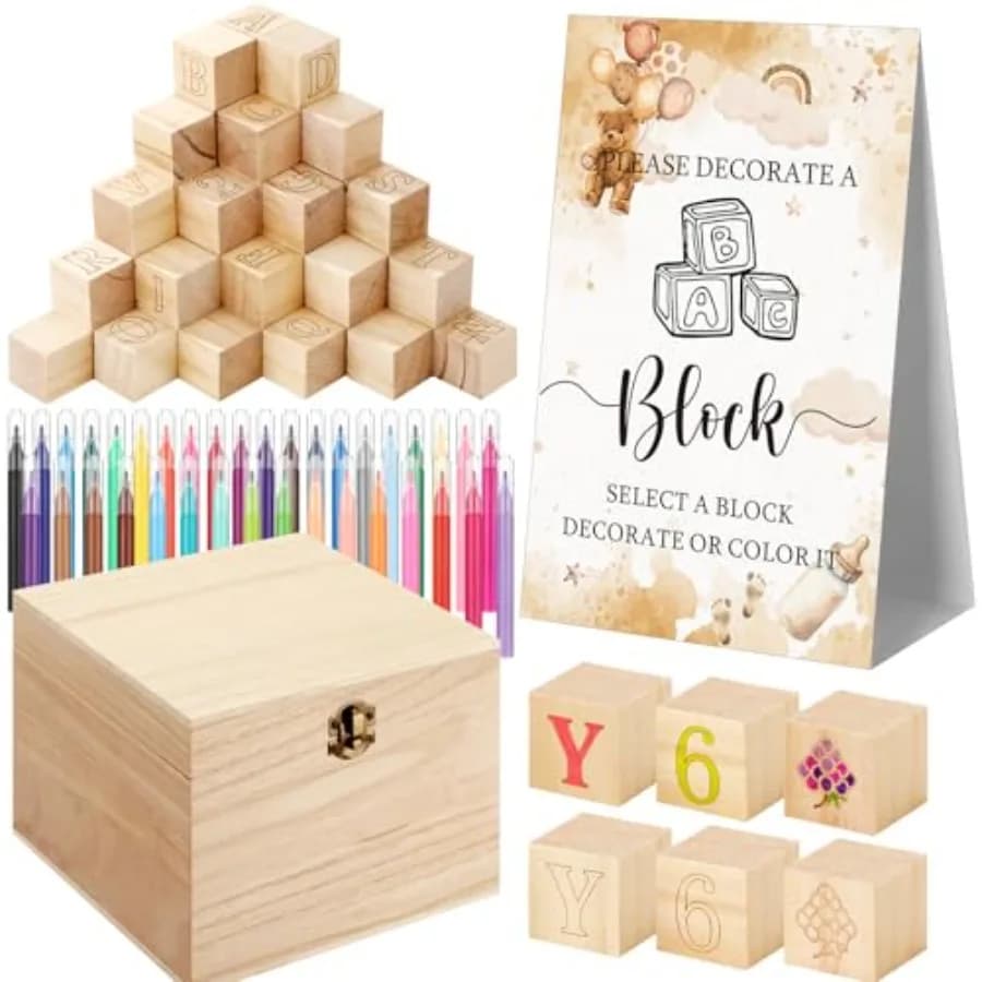 Kit di 136 Pezzi per Decorare il Baby Shower, Include 98 Blocchi di Legno, 36 Pennarelli, 1 Segnaposto, 1 Scatola Portaoggetti per Baby Shower