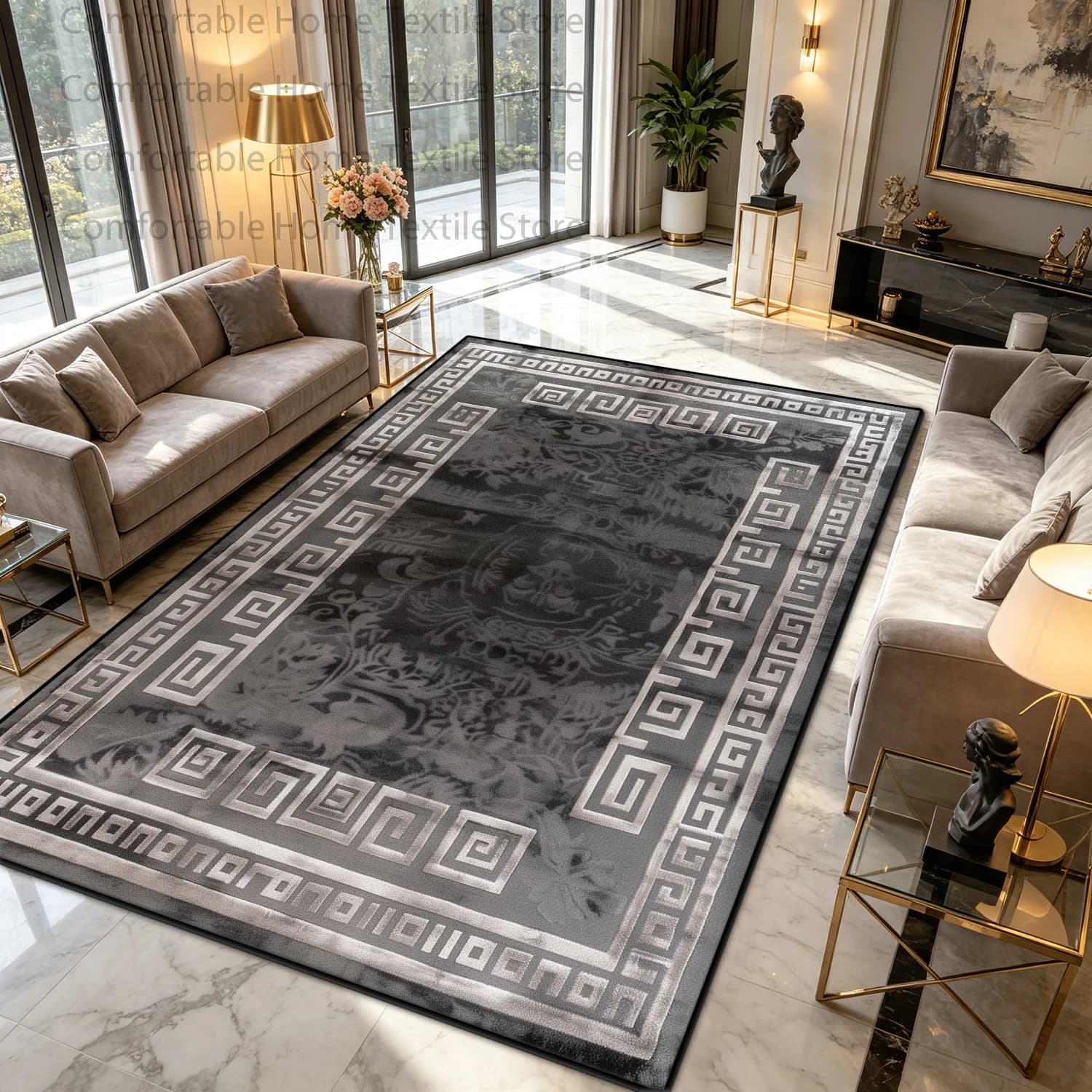 Light Luxury Greek Key Border Retro Coffee Tables Mat Fluffy Soft Washable Living Room Rug Easy Clean Foldable Entrance Door Mat