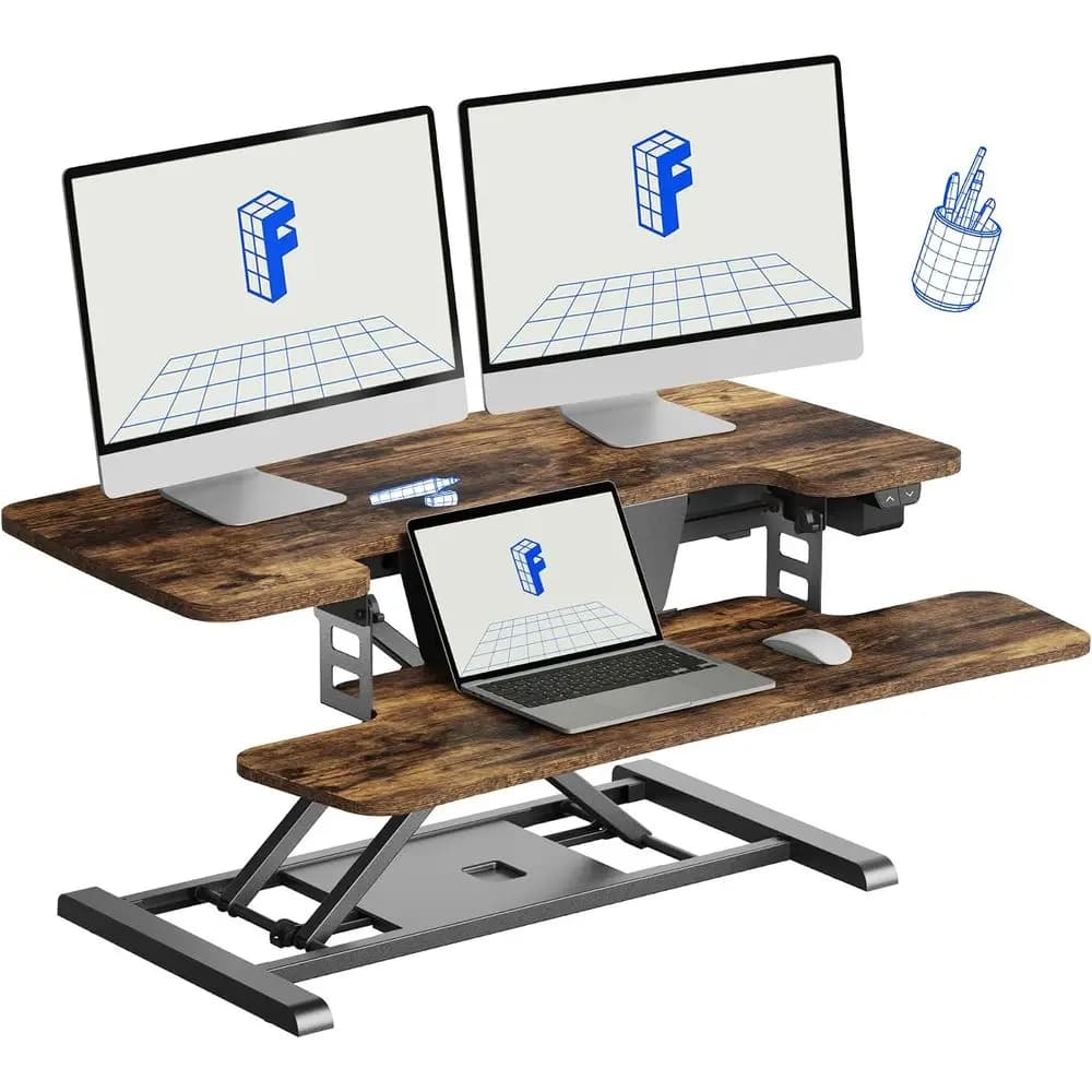 35 Adjustable Electric Standing Desk Riser, Rustic, for Monitors & Laptops