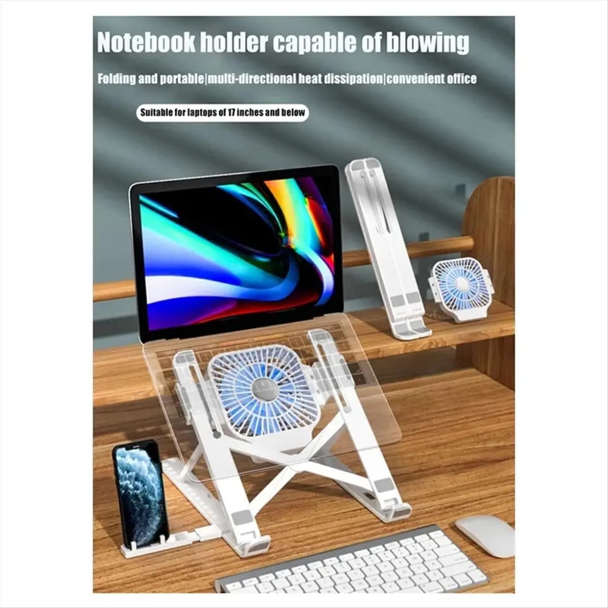 Supporto Pieghevole per Laptop HGHO con Ventola di Raffreddamento, Supporto per Tablet, Stand di Raffreddamento per Notebook con Porta Telefono B