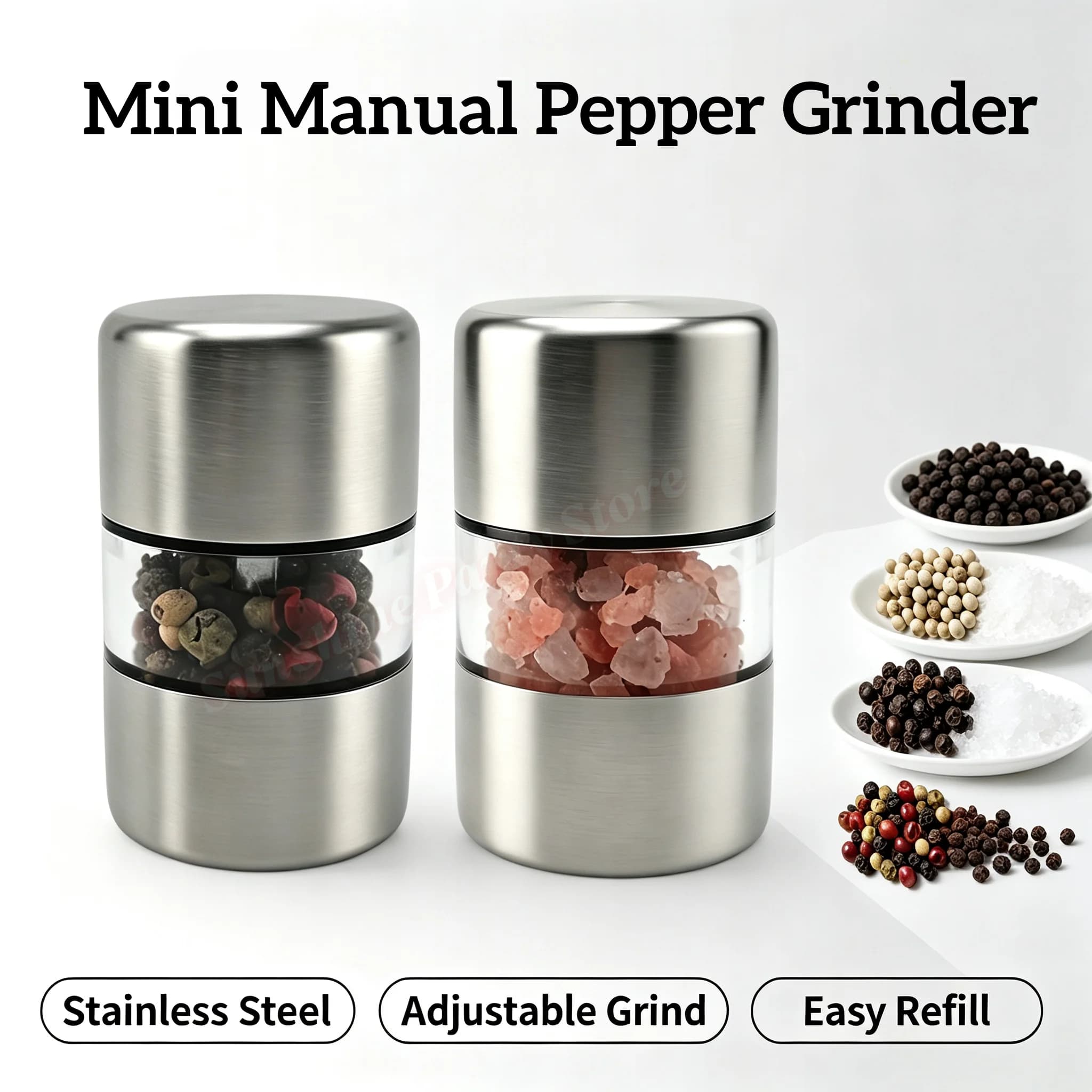 1/2pcs Stainless Steel Pepper Grinder Manual Mill Kitchen Essential With Glass Jar Spice Salt Container Kitchen Grinding Gadgets