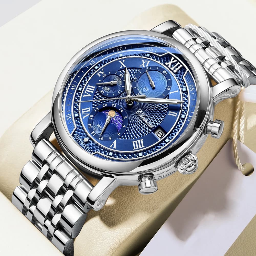 Orologio da Polso CHENXI di Alta Gamma per Uomo, Luminoso, Impermeabile, con Fasi Lunari, Cronografo al Quarzo, in Acciaio Inossidabile, con Data, Elegante