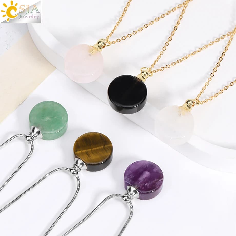 Collana con bottiglia di profumo in pietra di cristallo color argento per donna Ciondolo rotondo con gemma naturale Catena in acciaio inossidabile per olio essenziale H415
