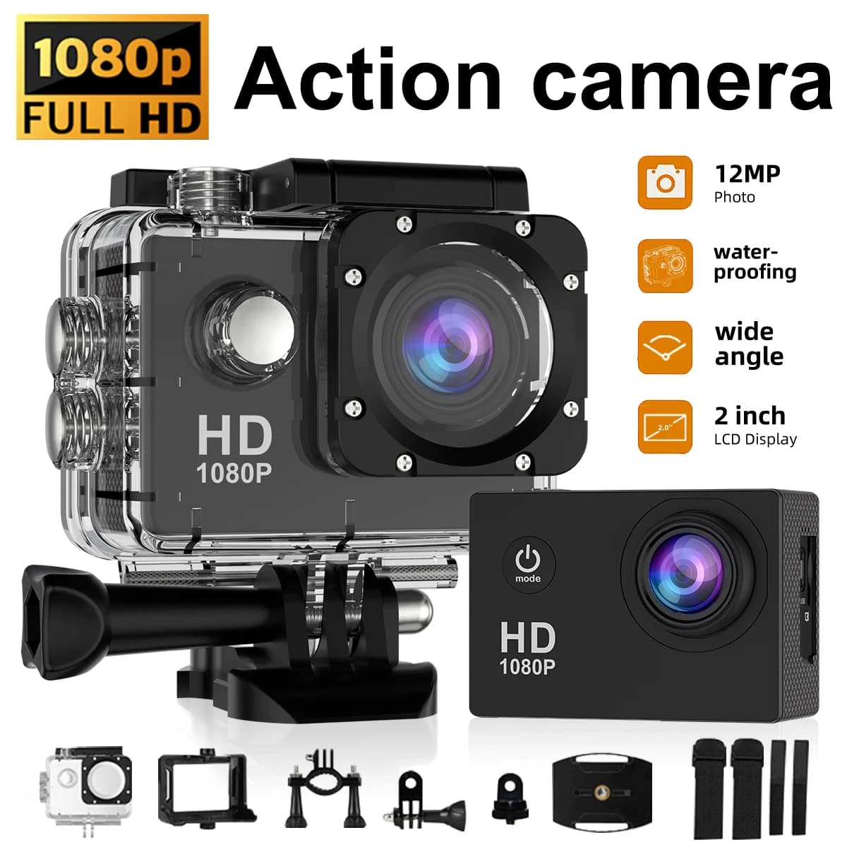 Action Camera Ultra HD Schermo da 2,0 pollici Subacqueo 30M Casco impermeabile Videocamere per registrazione Ciclismo all'aperto Mini Sport Cam