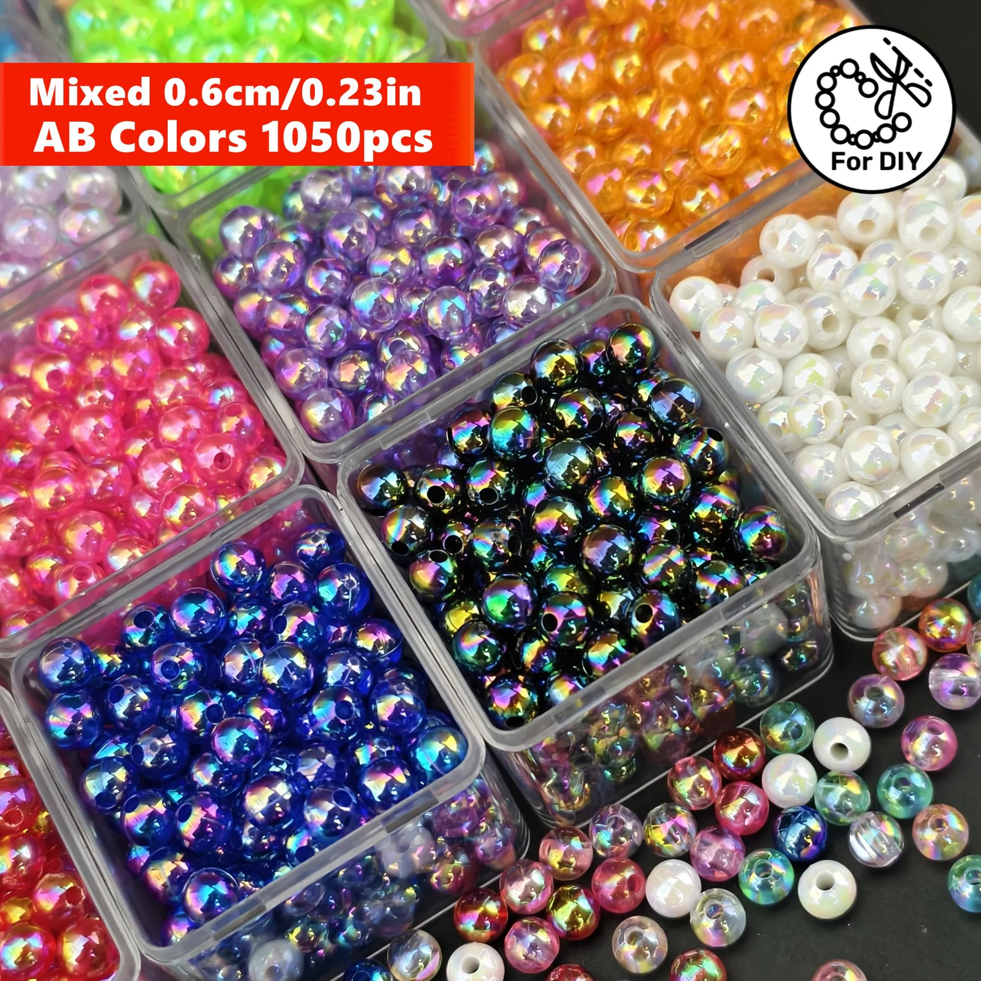 Set di 1050 Perline Acriliche Rotonde da 6mm in Colori Misti AB per Creazione Fai-da-Te di Braccialetti e Collane