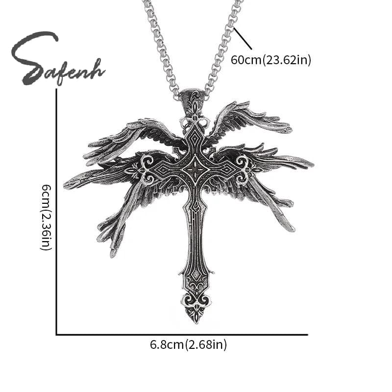 Retro Gothic Jesus Wings Cross Pendant Necklace Jewelry For Men Women Vintage Dark Punk Religious Amulet Keychain Gifts