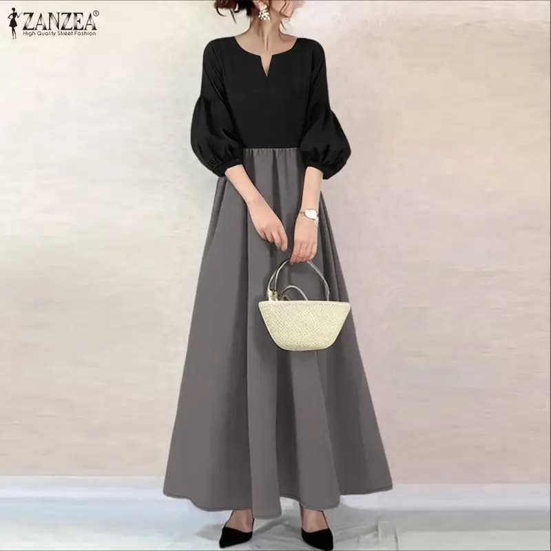 ZANZEA Women's Elegant Contrast-Color Maxi Dress V-Neck Lantern Sleeve High Waisted Long Dresses Korean Style A-Line Robes Femme