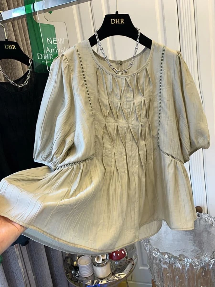 plus Size Bubble Sleeve Shirt Women's Loose Meat Concealing Shirt Summer Casual Style Polyester Fiber round Neck Short Sleeve