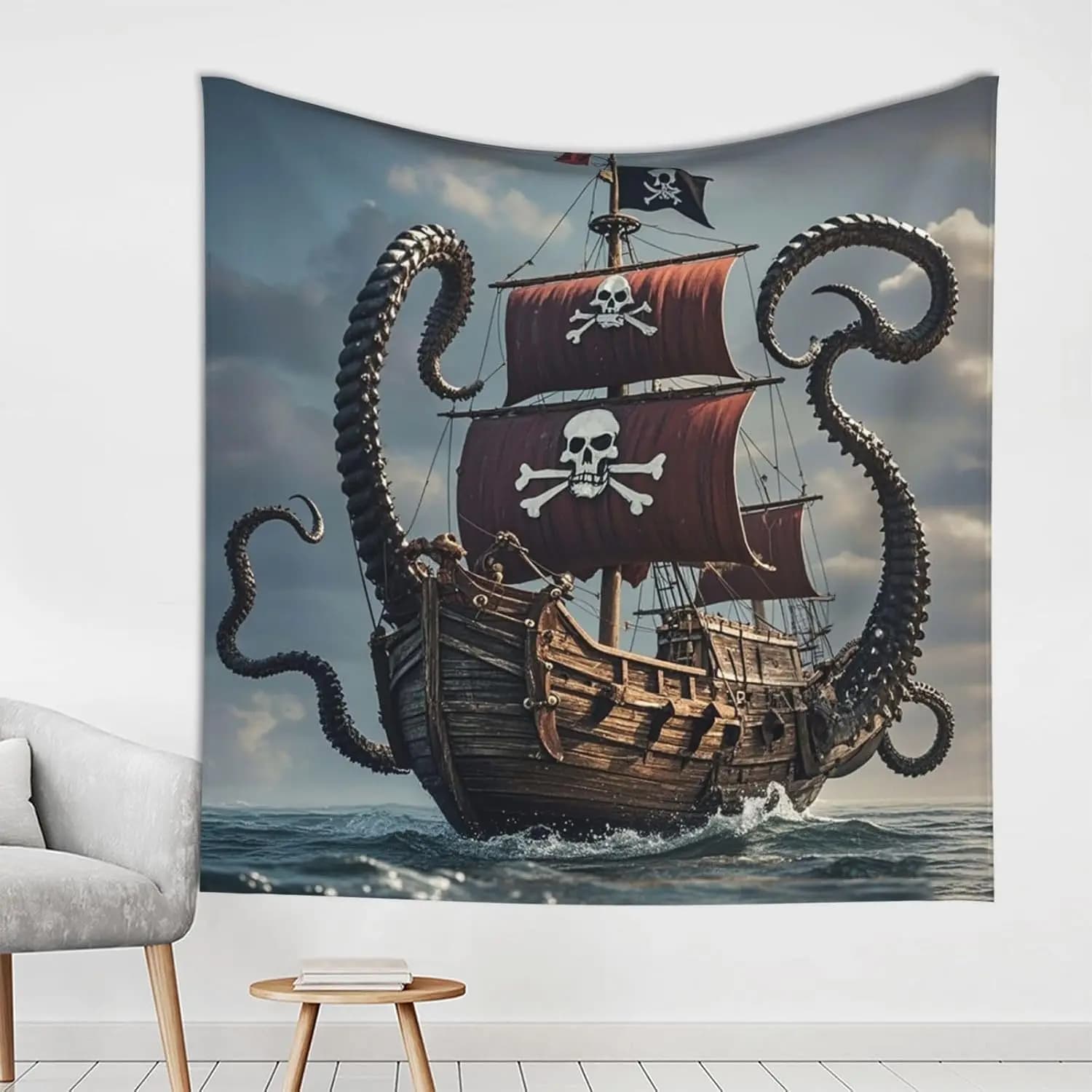 Pirate Ship Skull Crossbones Tapestry Wall Decor Nautical Gothic Marine Adventure Flag Art Print Home Decoration Man Cave Gift