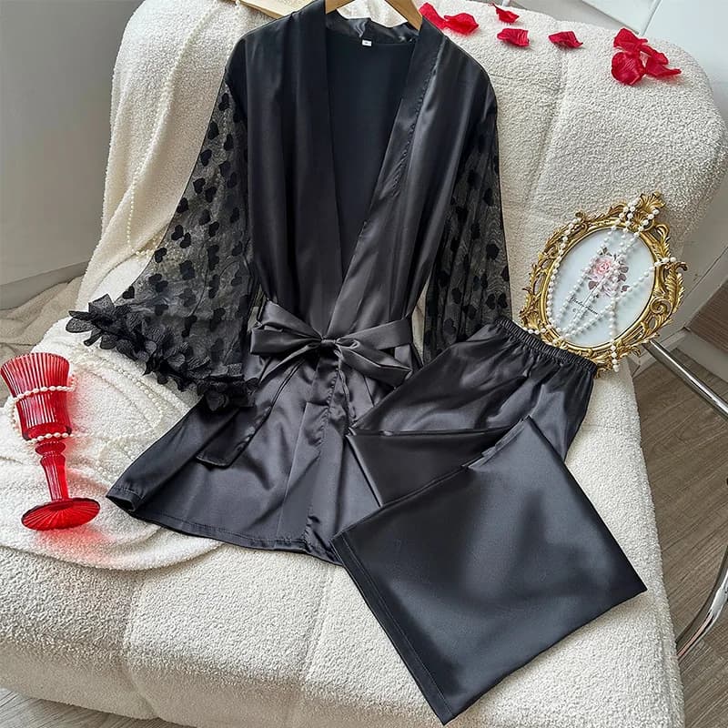 New Pajamas Suit 2 Piece Set Women Patchwork Lace Long Sleeve Trousers Suit Nightwear Loose Ice Silk Loungewear Home Clothes