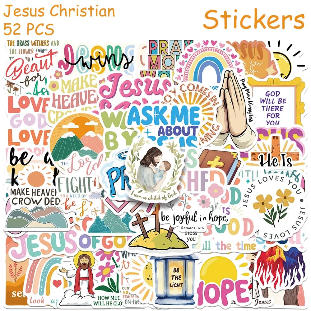 52pcs Jesus Christian Stickers Decals For Laptop Notebook Luggage Skateboard Guitar DIY Cartoon Aesthetic Waterproof Stickers