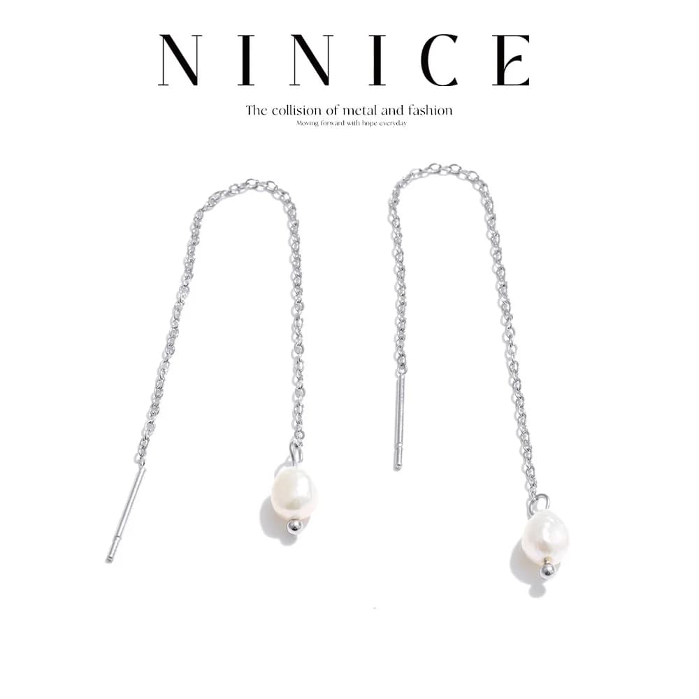 NiNice Stainless Steel Natural Pearl Long Threader Drop Dangle Earrings 2026 Waterproof Charms Fashionable Basic Daily Jewelry