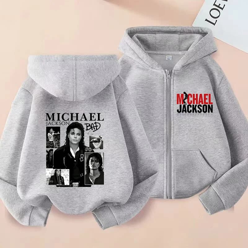 Giacca con cerniera a maniche lunghe sottile di Michael Jackson per ragazzi, con cappuccio, abbigliamento autunnale e primaverile, stile streetwear con cerniera e tasche, ispirata a MJ.