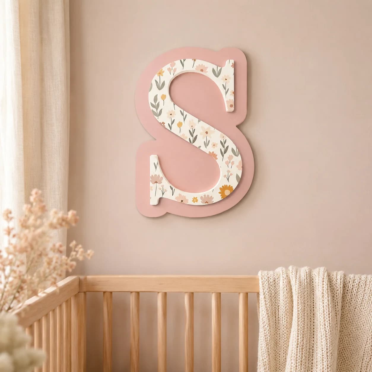 1Pc Custom Wooden Letter Plaque Floral Pattern, Personalized Initial Wall Decor, Boho Nursery Hanging Art, Baby Shower Gift