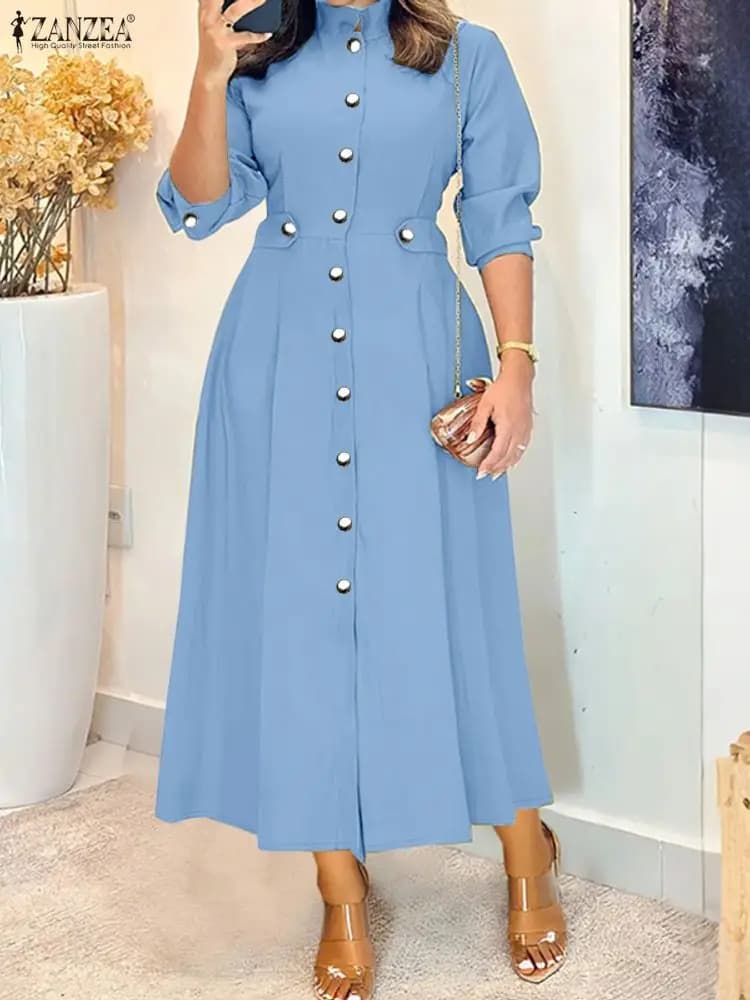 ZANZEA Abiti longuette da donna taglie forti Elegante casual Collo a lupetto Manica lunga Bottoni Abito lungo a trapezio FW Abbigliamento donna 5XL