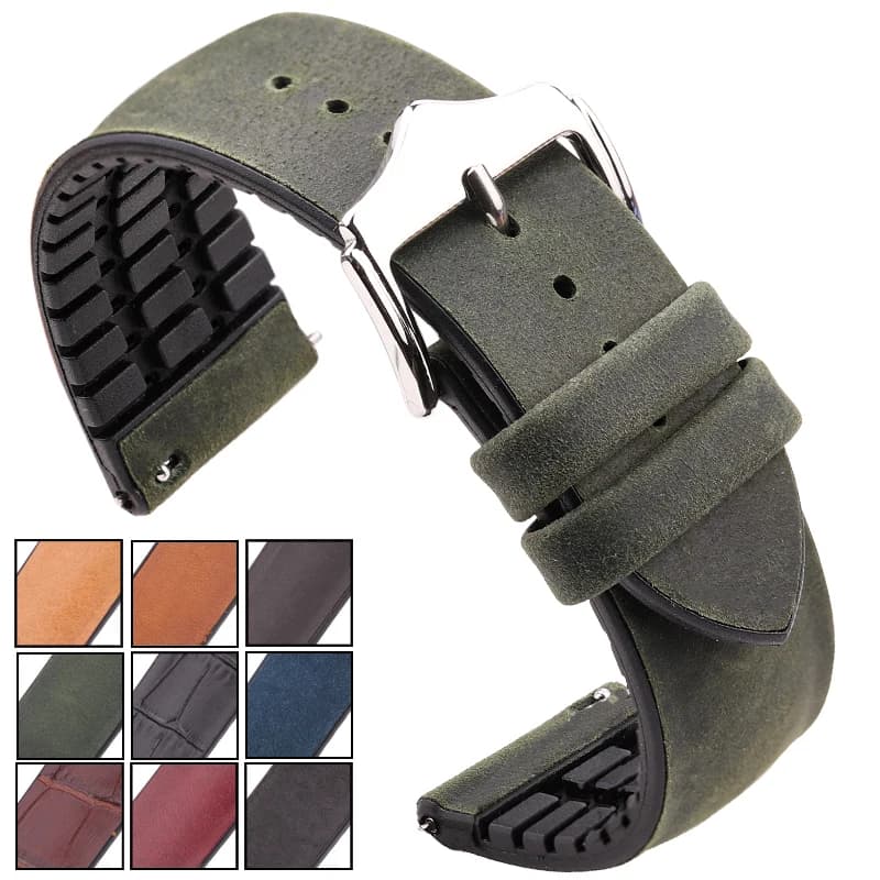 Men's Leather and Rubber Watch Strap Women's Waterproof Silicone Bracelet Accessories for 18mm watches 20mm 22mm