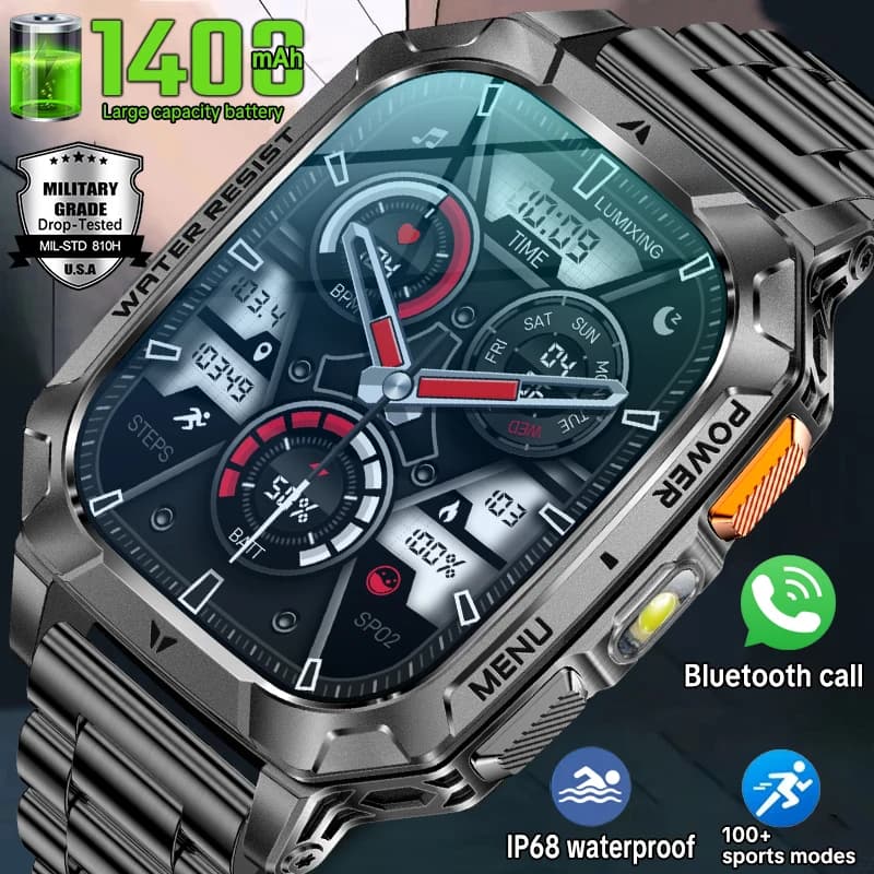 New Smartwatch 2026 with 1400 mAh Battery, Military Grade, Waterproof IP68, 100+ Sports Mode, Bluetooth Call, AMOLED HD Display