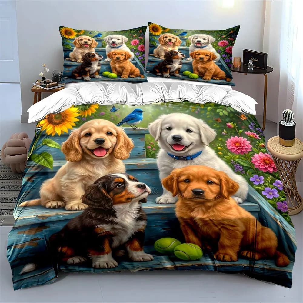 Cute Puppies Garden Duvet Set Print Bedding Set 1 Duvet Cover 2 Pillowcases for Adult and Children Luxury Gift Full Size