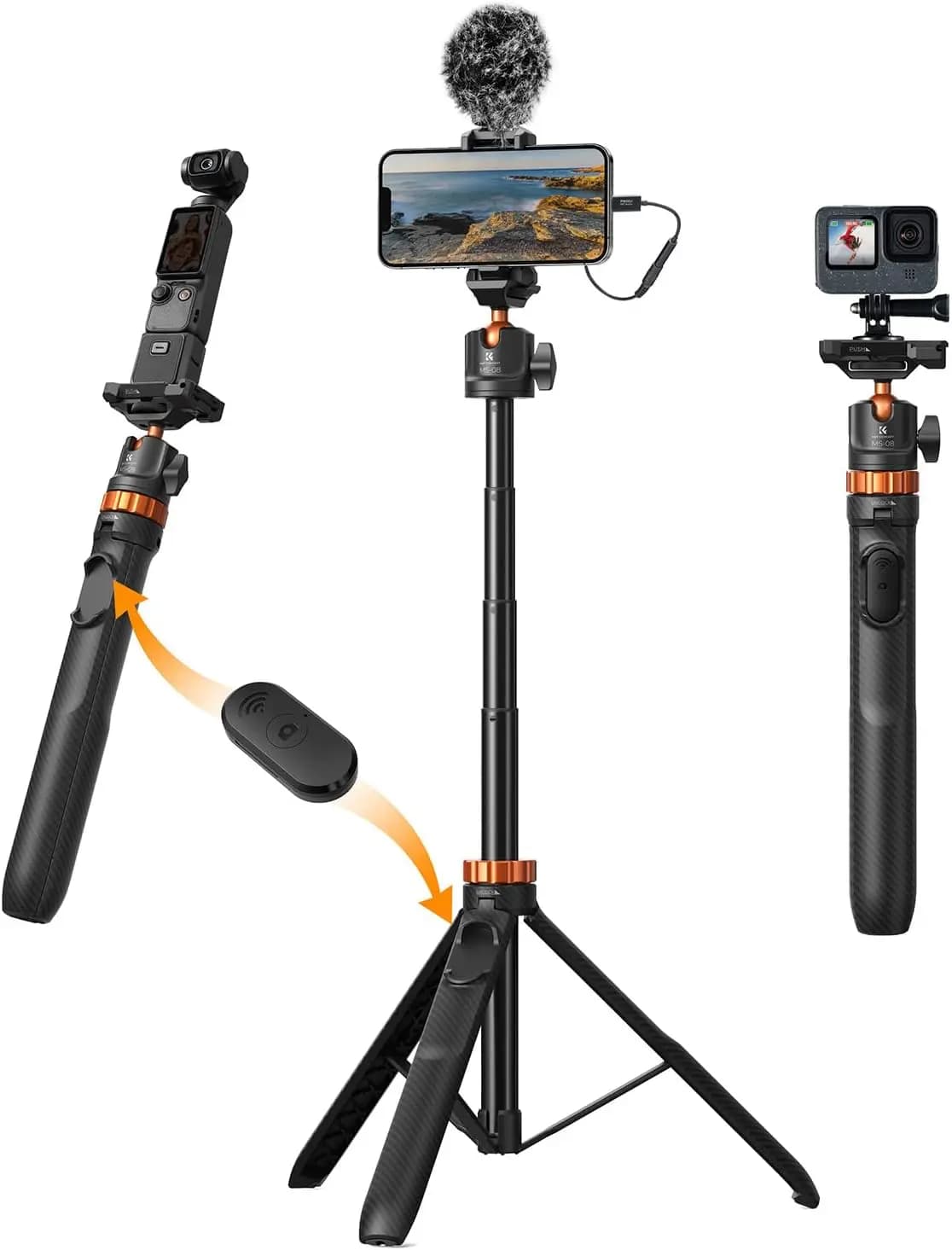 Bastone Selfie Estensibile da 62'' con Treppiede e Telecomando, Rotazione a 360° ° Testa a sfera per smartphone e action camera