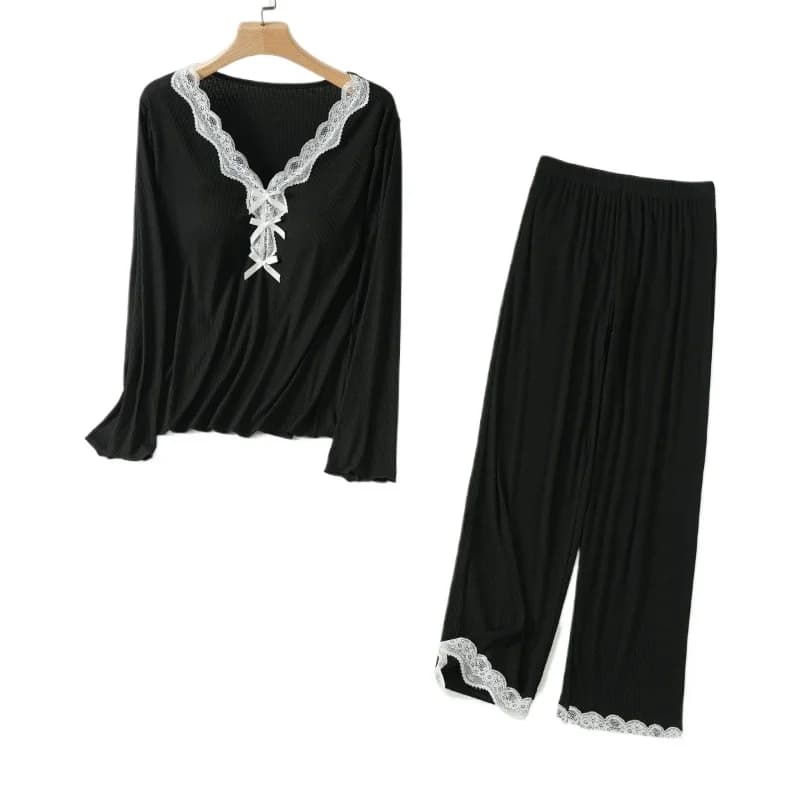 Modal with Chest Pad Lace Autumn and Winter Pajamas Women's Large Size Long-sleeved Trousers Spring and Summer Outer Loungewear