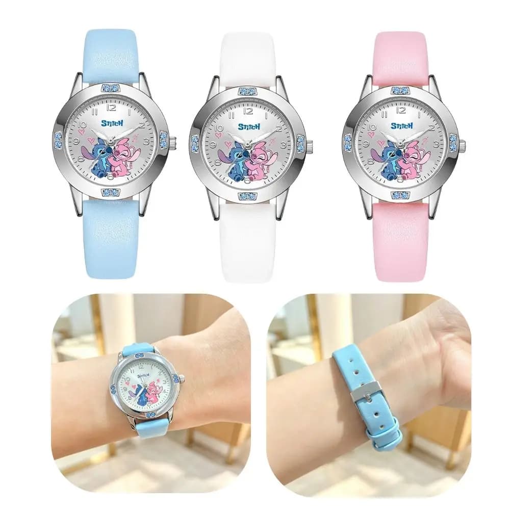 Cartoon Pattern Stitch Girls Watches for Kids Leather Strap Children Watch with Rhinestone Dial reloj stich Exquisite Gift*.*