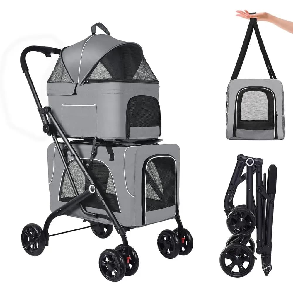 Passeggino Doppio per Animali Domestici o Passeggino per 2 Gatti/Cani, 2 Trasportini Staccabili per Gatti, Passeggino da Viaggio Doppio Senza Cerniera per Cani Piccoli/Medi (Grigio)