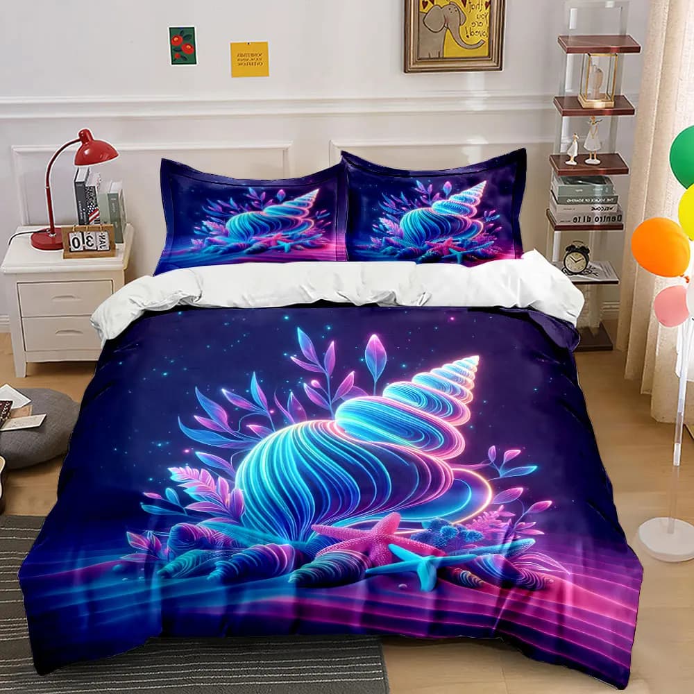 Set di biancheria da letto con stampa di elementi stellati e conchiglie al neon, morbido e confortevole, include 1 copripiumino e 2 federe.