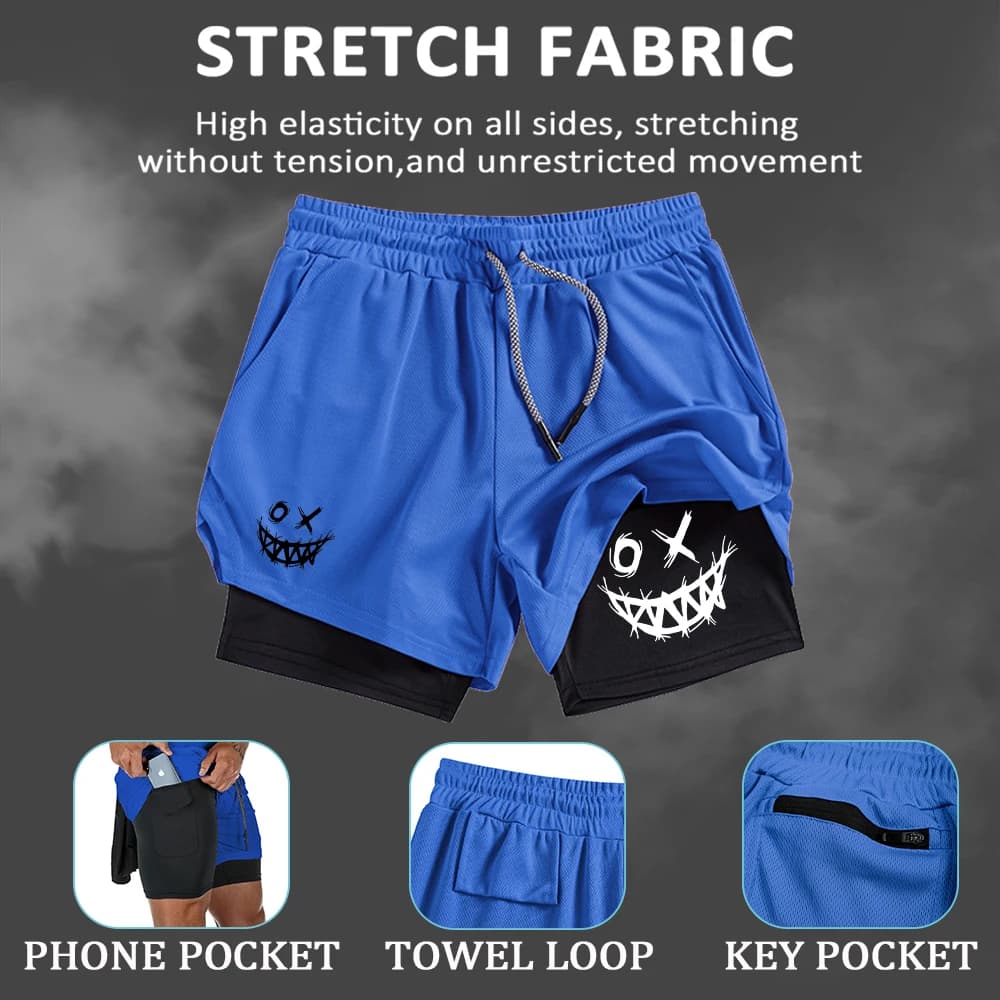 Men's Smiley Face Printed 2 In 1 Sports Shorts Stretchy Quick Drying Casual Beach Shorts Summer Fitness Cycling Surfing Shorts