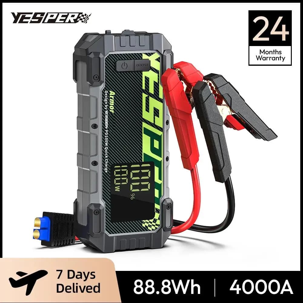 YESPER Avviatore di Emergenza 4000A – Avviatore Batteria Auto 12V 24000mAh, Power Bank Portatile per Motori Benzina e Diesel fino a 10L, Avvio Auto d'Emergenza