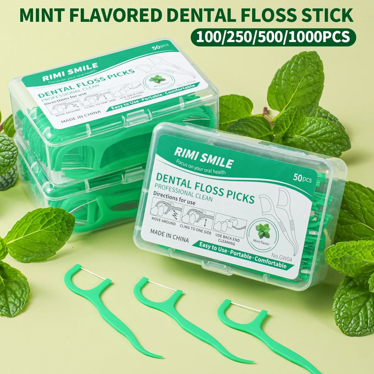 100/250/500/1000 pezzi, filo interdentale aromatizzato alla menta, 50 pezzi/scatola, strumento di pulizia per spazi interdentali