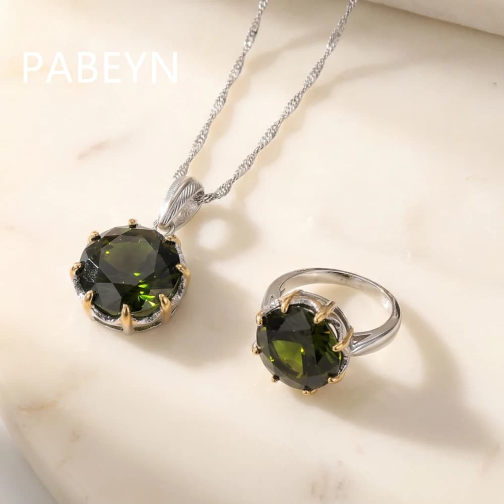 925 Sterling Silver Fashion Light Luxury Blue-Green Zircon Ear Hook Necklace Ring Set Birthday Party Anniversary Gift