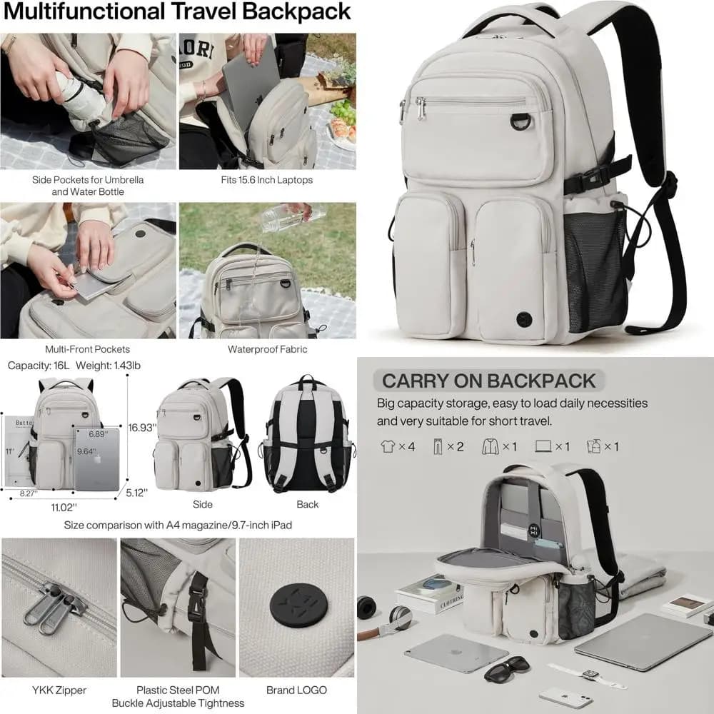 Zaino per laptop unisex resistente all'acqua da 15,6 pollici, leggero e resistente per la scuola o l'escursionismo, beige, 16 pollici