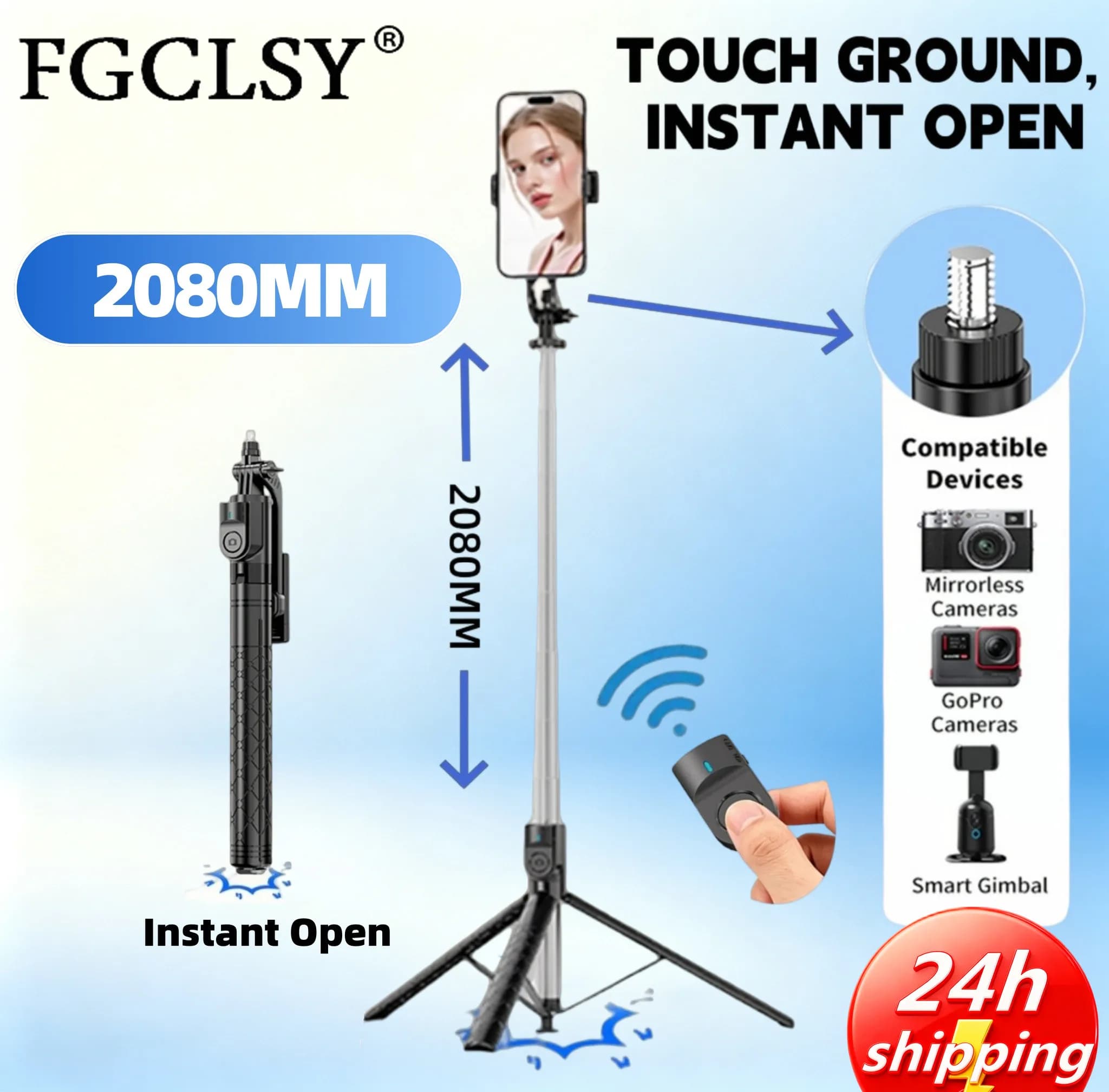 Portable Selfie Stick Tripod 2080mm One-touch Instant Open Tripod Wide Angle Phone Holder Handheld Floor Mount for Smartphone