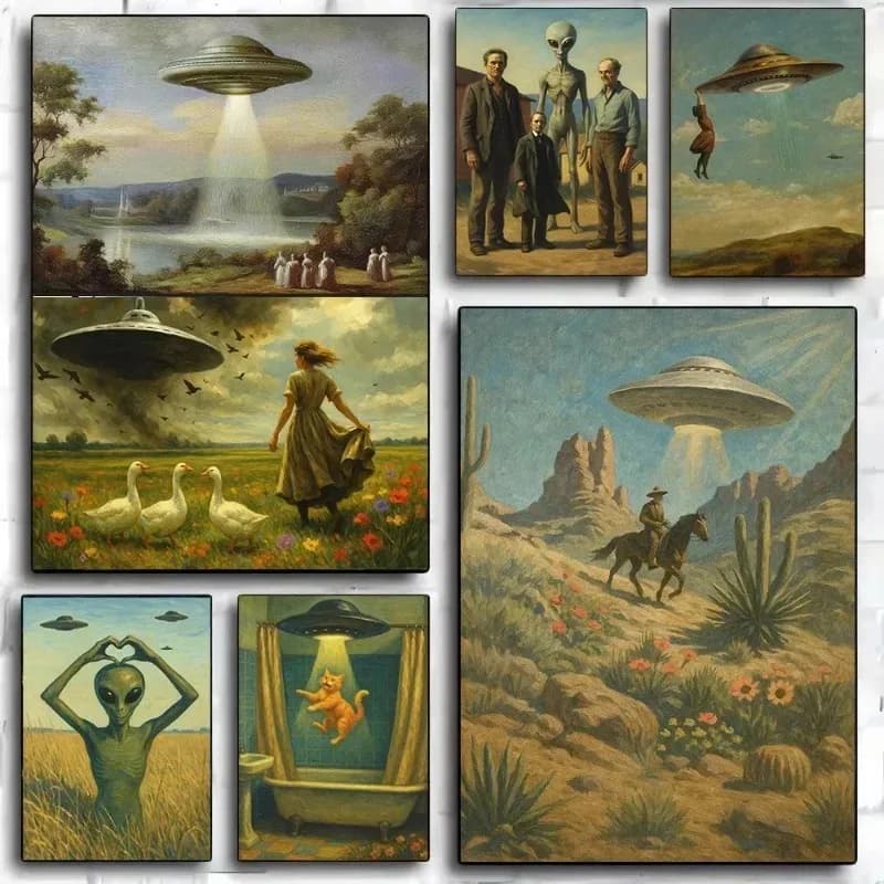 UFO Victorian Landscape Art Print Alien Invasion Vintage Sci-Fi Poster Retro Futuristic Surreal Wall Decor Living Room Office