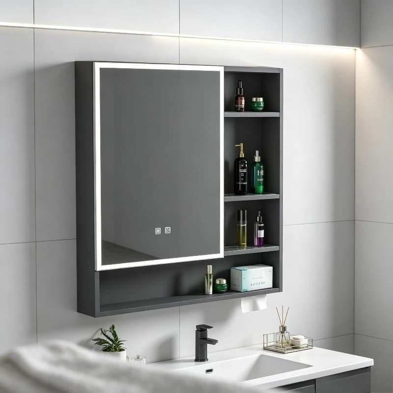 Space Aluminum Bathroom Vanity Cabinet, Wall Mount Smart LED Mirror with Defogger & Storage, Waterproof Anti-fog Makeup Mirror.