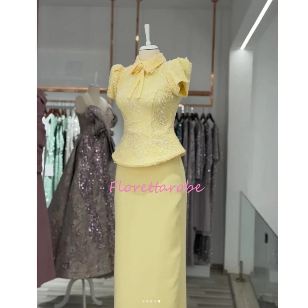 Abito da sera da donna dritto, lunghezza alla caviglia, collo alto, maniche corte, per ballo di fine anno, alla moda, con paillettes, fiocco e allacciatura, personalizzabile