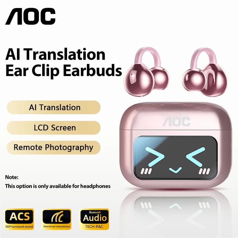 Auricolari AI AOC con Clip per Orecchio, Cuffie Bluetooth OWS Smart con Schermo LCD, Traduzione Touch, Design a Orecchini alla Moda, Modello M100